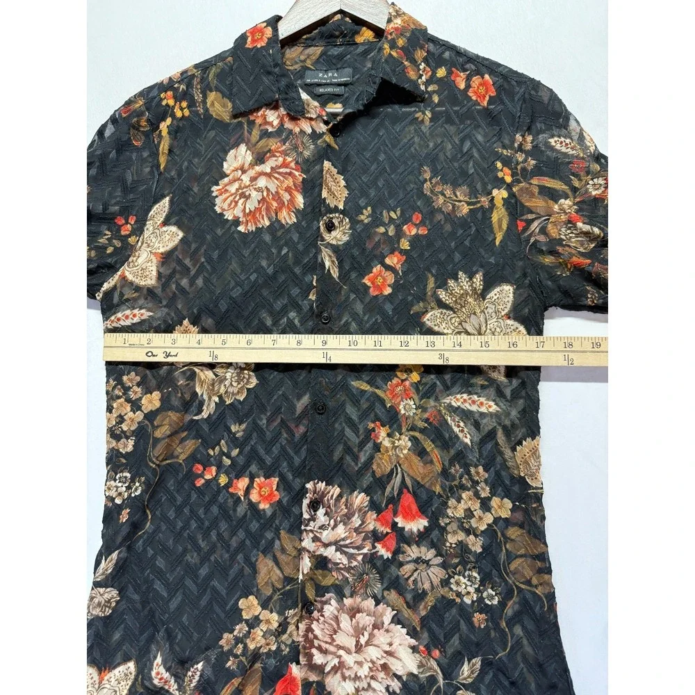Zara‎ Hawaiian Shirt Mens Small Black Multi Floral Print Relaxed Fit Button Up